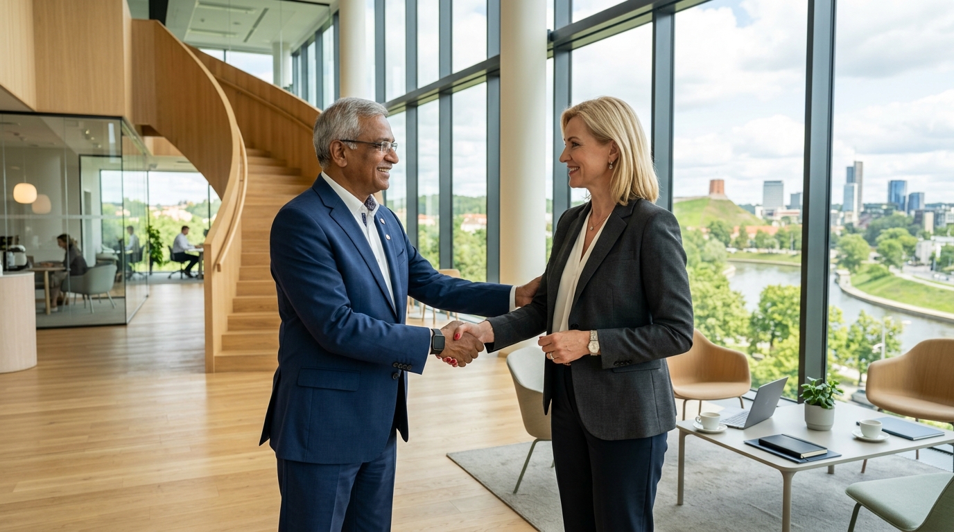 Senior international executive shaking hands with corporate legal counsel in Vilnius