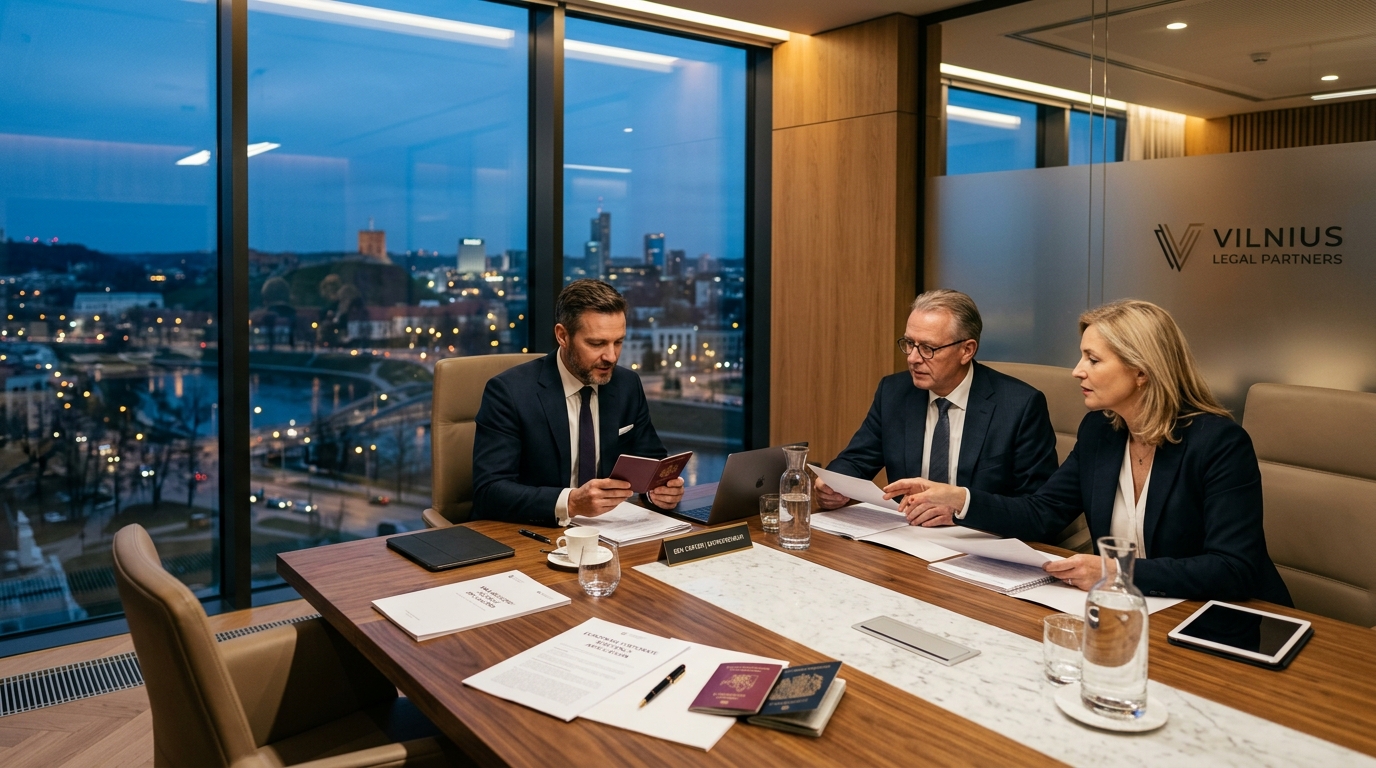 Corporate executives conducting business establishment meeting in Vilnius