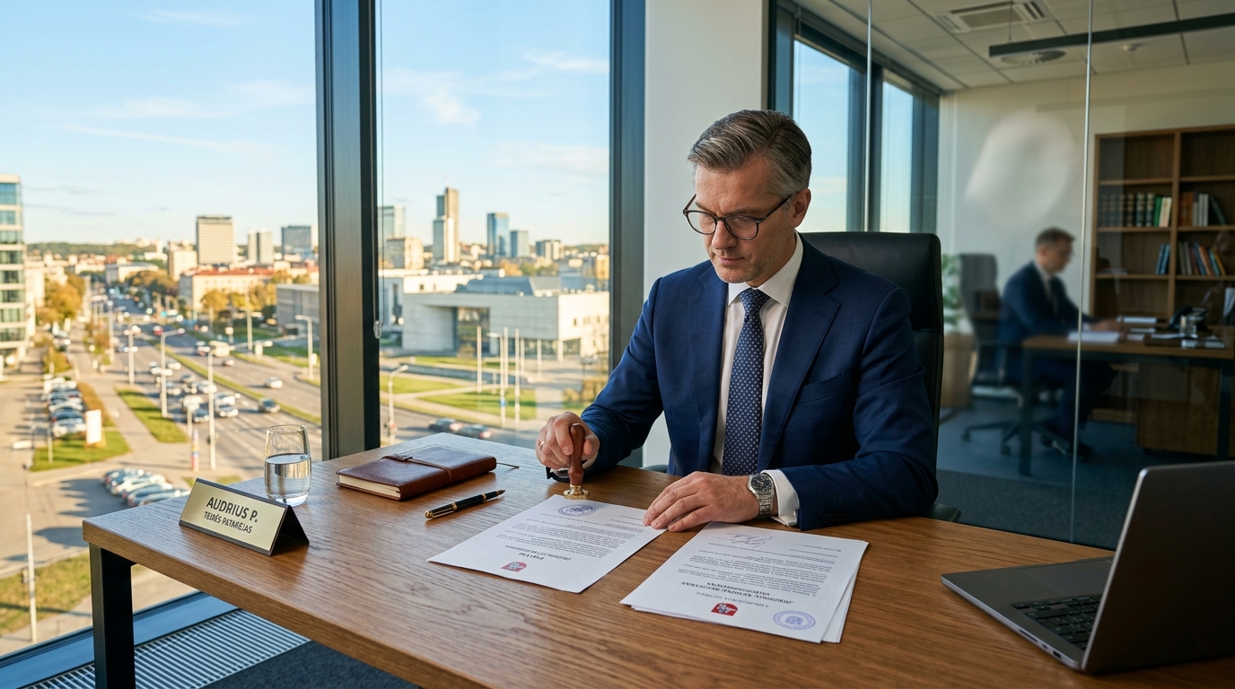 Corporate legal advisor finalizing Lithuanian company registration in Vilnius