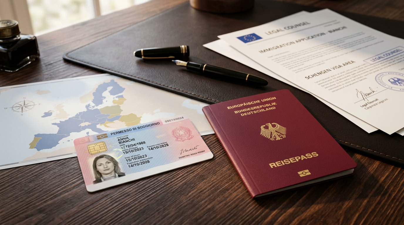 European biometric residence card and passports on executive desk
