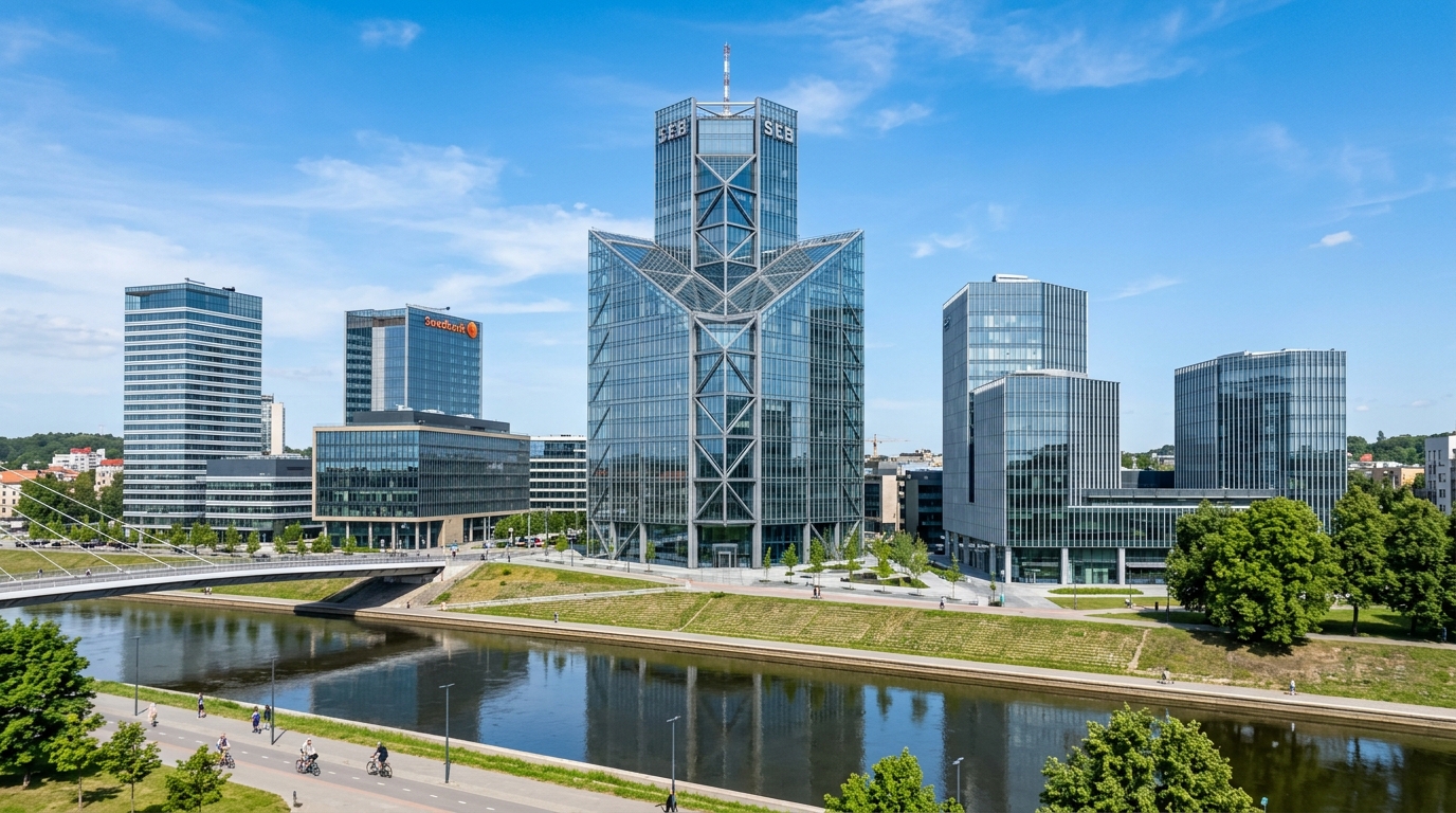 SEB and Swedbank headquarters along Konstitucijos prospektas in Vilnius Lithuania