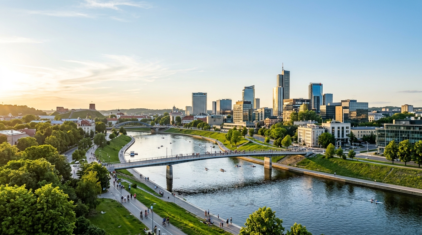 Modern Vilnius financial skyline along the Neris river, Lithuania